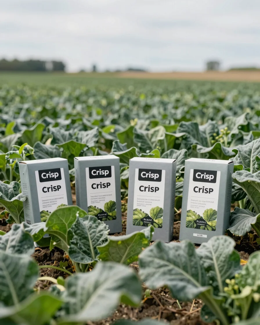Crisp agricultural photography of professional product packaging in bright neutral overcast daylight, rich crop greens a